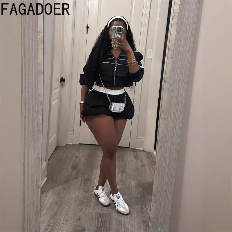 FAGADOER Summer New Casual 2 Piece Sets Woman Outfit Long Sleeve Zip Crop Jacke and Bubble Puff Skirt Tracksuits Female Jogger