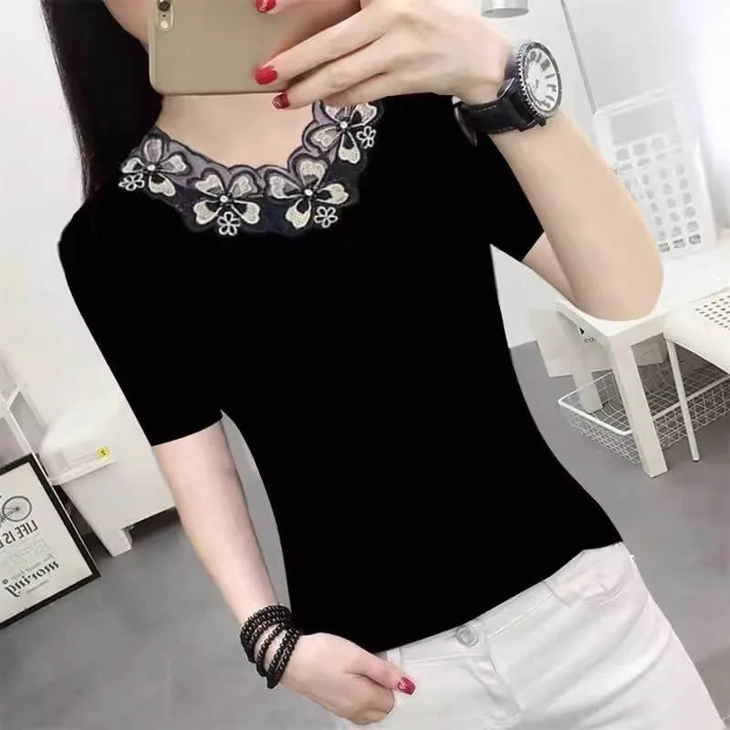 Midlife Mom Short Sleeve T-Shirt Women's New Large Size Small Shirt Body Tee Top Korean Style Commute Lace Detail Slim Fit
