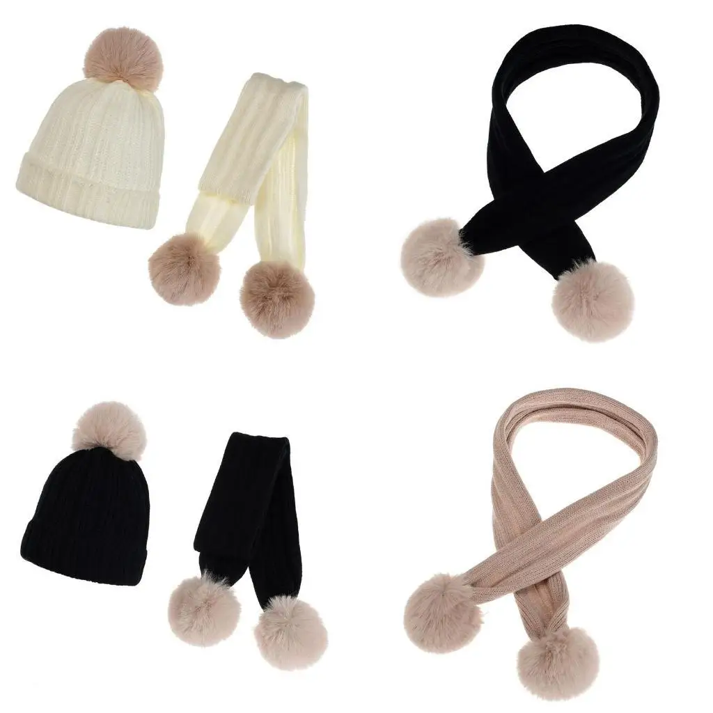 R1WE Детская зимняя теплая вязаная шапка из 2 предметов и длинный шарф, однотонная полосатая рубчатая шапка с манжетами и