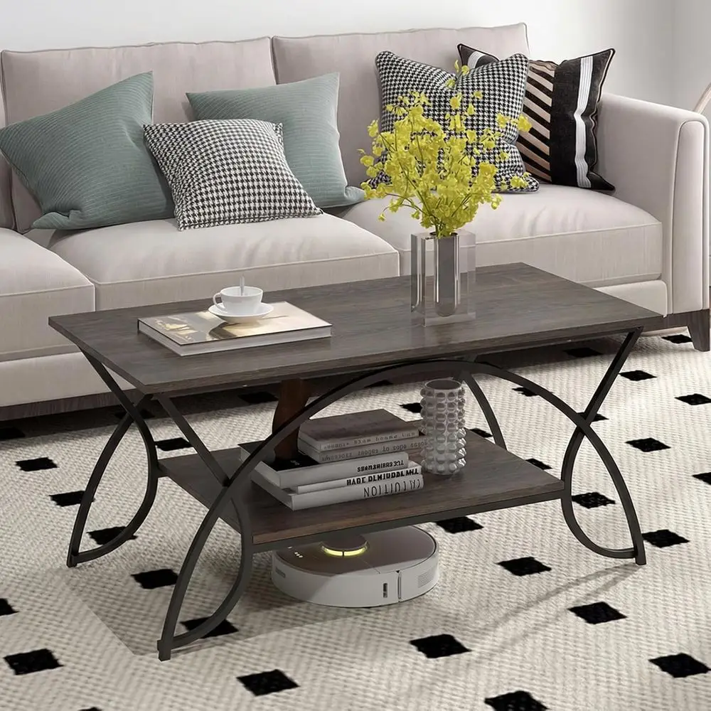 

Grey Oak 2-Tier Coffee Table with Storage, 39.5 Wooden Center Table featuring Open Shelf and Black Metal Frame, Ideal for Indust