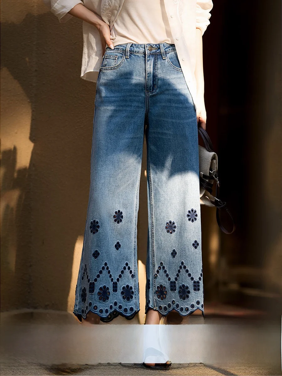 

Spring New Arrival Women's High Waist Straight Leg Jeans Embroidered Hollow out Denim Pants Casual Floral Pattern Breathable