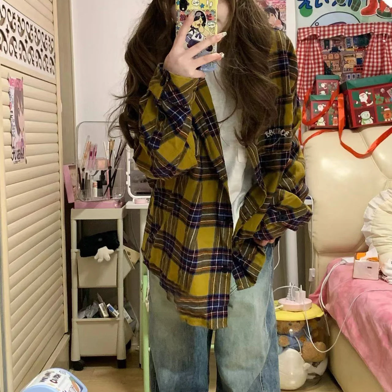 

plus Size Women's Yellow Plaid irt Spring Autumn New Sle Student Loose Long Sve Outerwear Korean Version Batwing Sve
