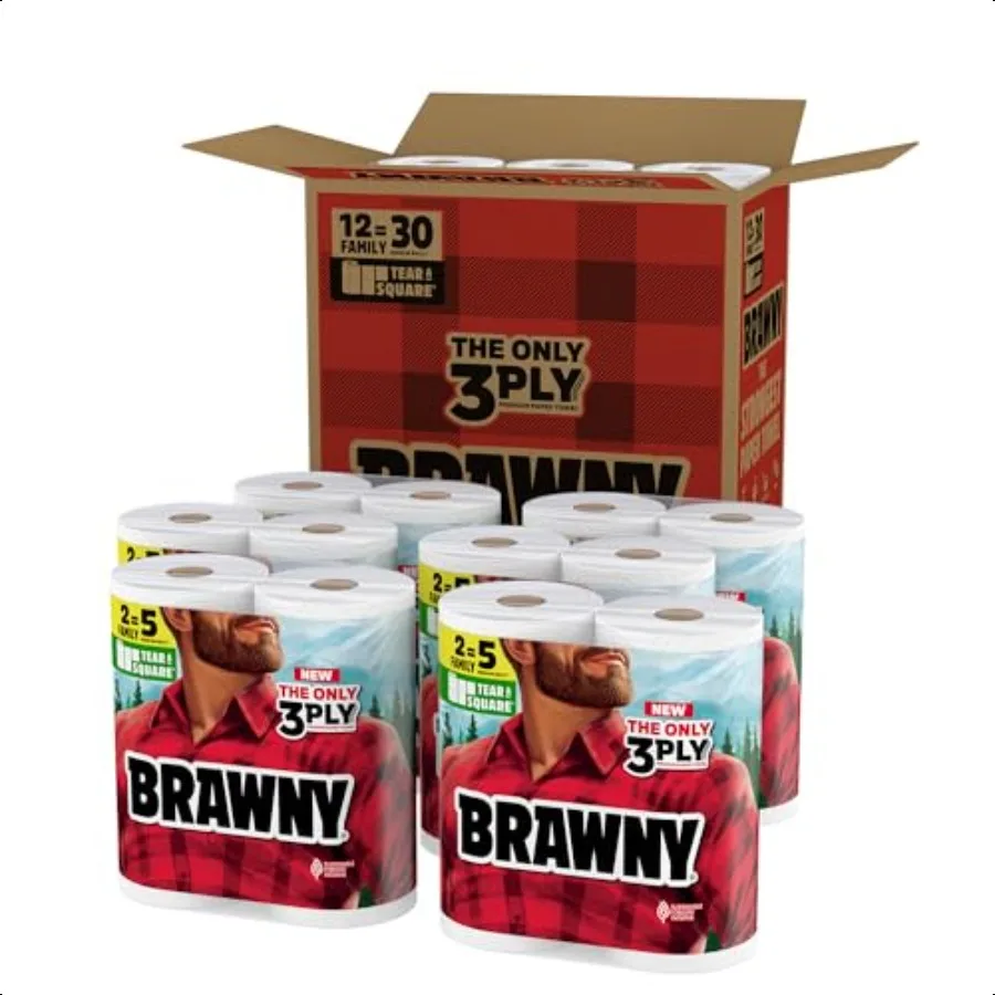 Brawny TearASquare 3 طبقات مناشف ورقية 12 لفة عائلية مقاس XL = 30 لفة عادية قوية ماصة ومتينة مع 3 أحجام ورقية كوارت