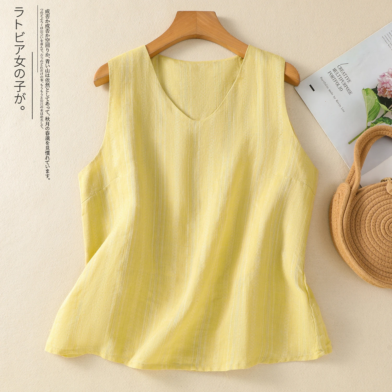 

V-neck Striped Yellow White Beige Cotton Linen Tank Top Women Summer Sleeveless Shirts Tops Elegant Ladies Basic Casual Vest
