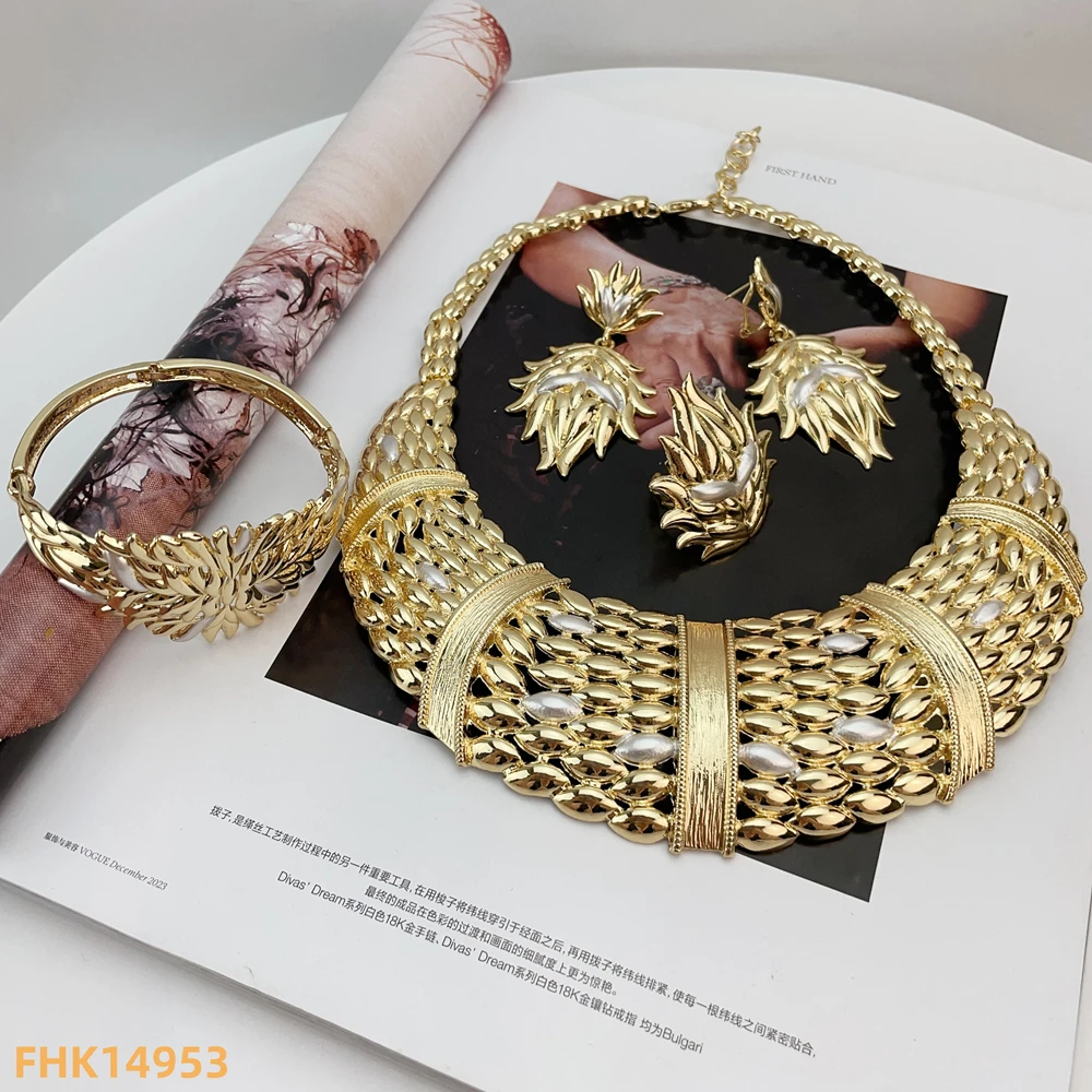 

Nigeria Original 18K Gold Plated Jewelry Set Women Big Bold Necklace Earrings Bracelet Ring Wedding Party Accessor FHK14953
