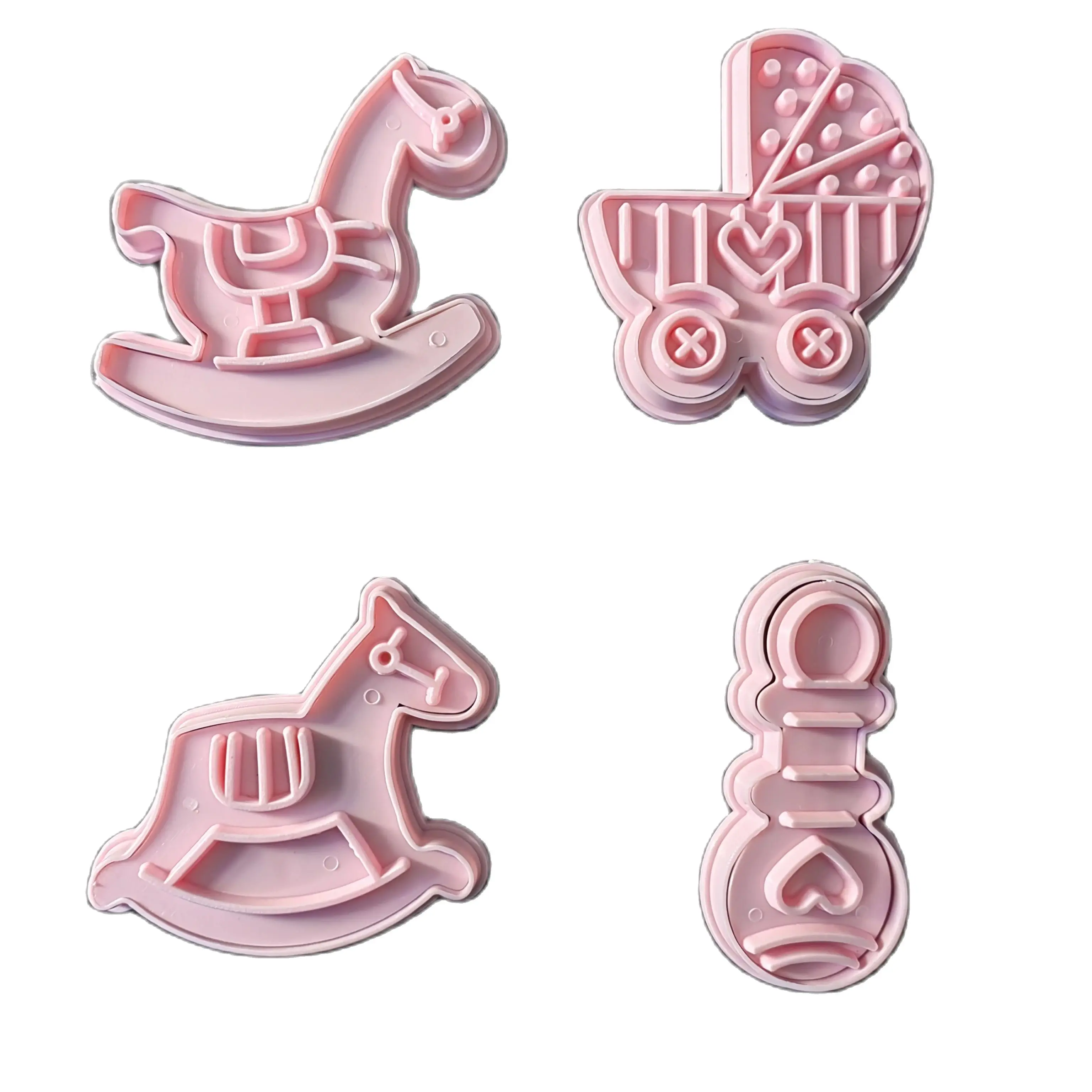 

Free Shipping Plastic 4pcs Baby Carriage and Trojan Horse Theme Pattern Cake Fondant Pressing Cookie Molds Set HB1101Y