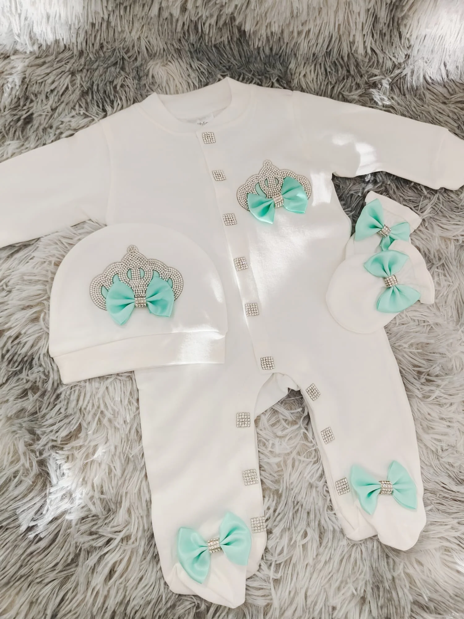 Baby Footed Romper Newborn 0-9 Months 3Pcs White Mint Green Princess Crown Bow Soft Cotton Baptism Boutique Baby Gift