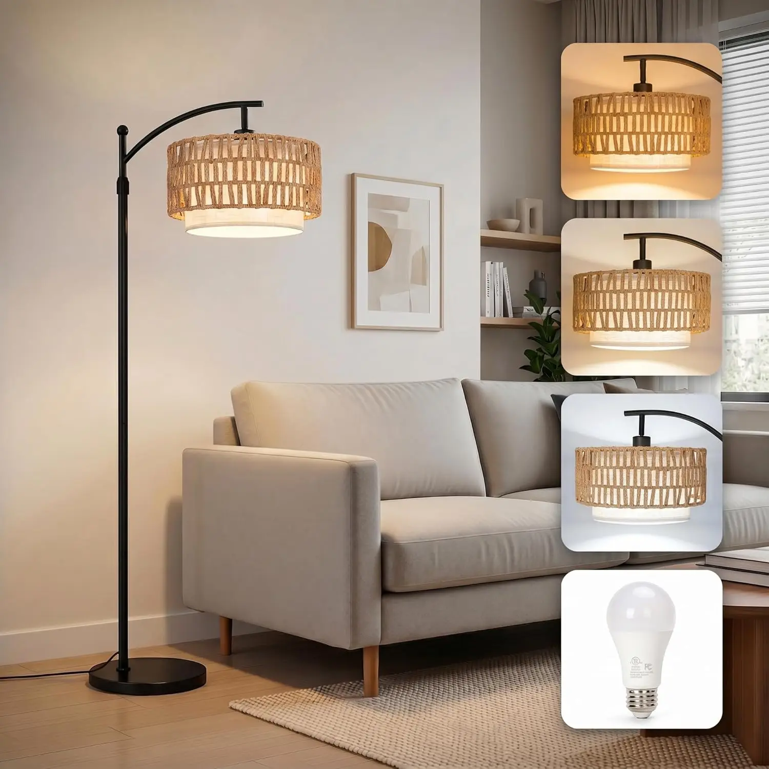57.5‑Inch‑to‑67‑Inch Height‑Adjustable Boho‑Style Rattan Standing Floor Lamp, Dual Rattan‑Fabric Shade, Angle‑Adjustable, 3 Color‑Temperature Modes, 12W LED Bulb Included, For Living‑Room & Bedroom