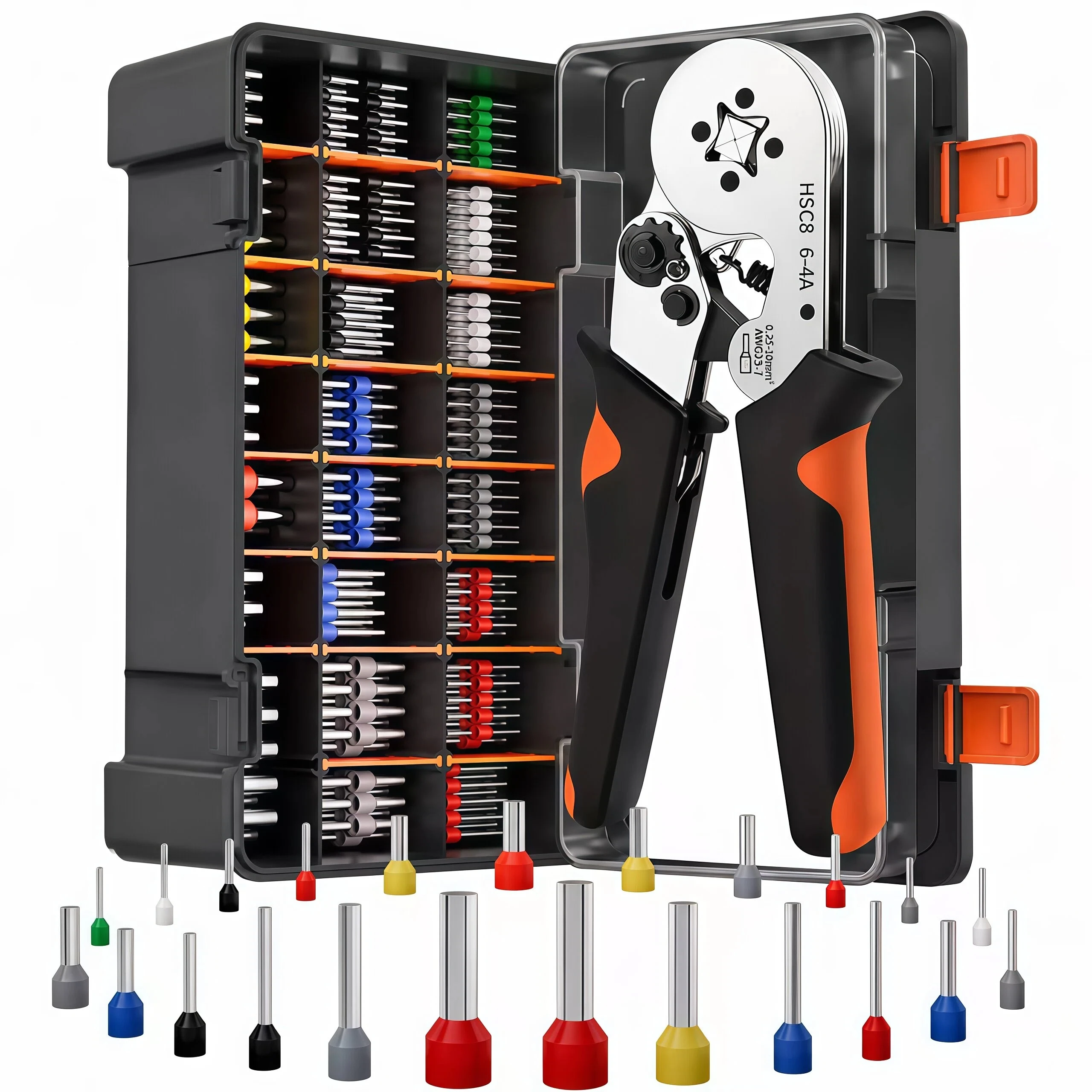 6-4A Crimping Tool Kit – 300PCS Pin Terminals, Self-Adjusting Ratchet Pliers for 0.25-10mm² (AWG 23-7), Case Included
