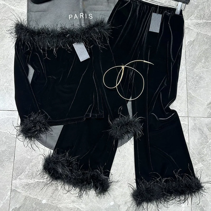 Women Ostrich Feather Velvet Pant Set High Quality Long Sleeve Off Shoulder Sexy Top Fashion Elastic Waist Wide-leg Pants New 24