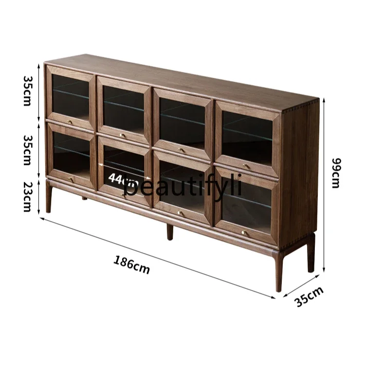 

Black walnut glass side cabinet, combined storage, all solid wood bookcase, sliding door guest restaurant wine cabinet