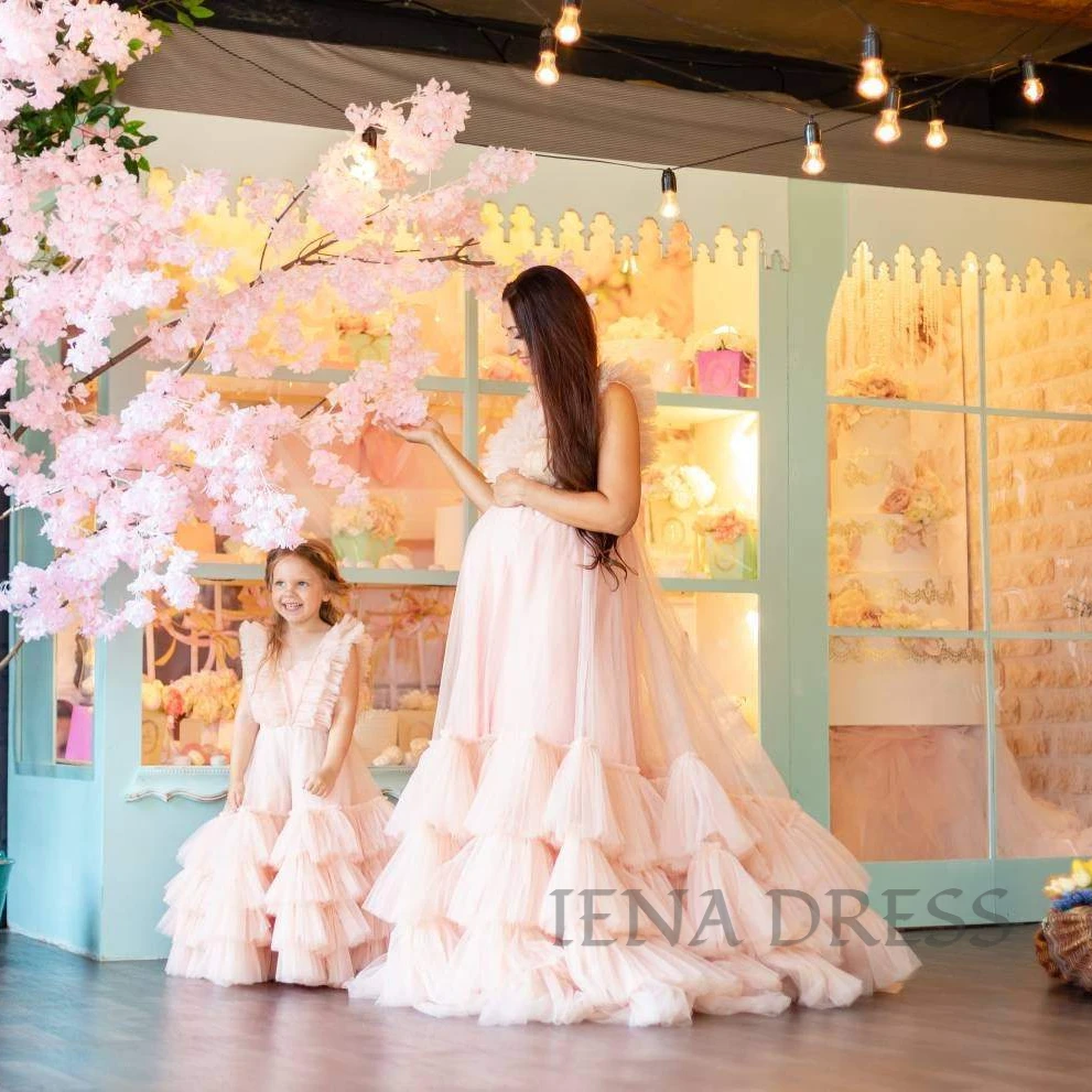 custom Peach Ruffled Tulle Layered Maternity Photoshoot Dress  Photography Gown Plus Size Pregnancy Baby Shower Gowns