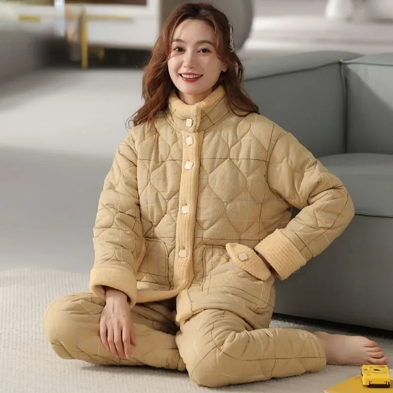 New Woven Quilted Jacket Pajamas Women Winter Three Layers Warm Plush Thicken Homewear Casual Middle-aged Young Sleepwear Set