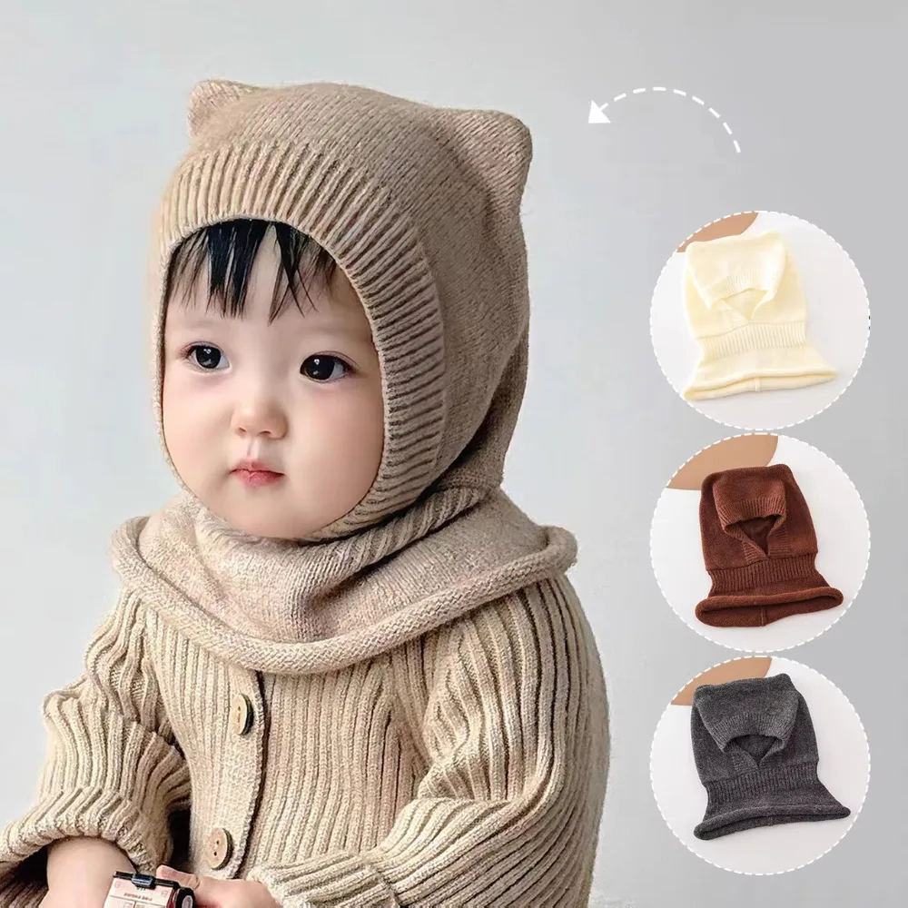 Cute Warm Woolen Balaclava Hat Solid Color Ear Protection Knitted Beanie Cap Soft Windproof Winter Toddler Hat Boy Girl - view 3
