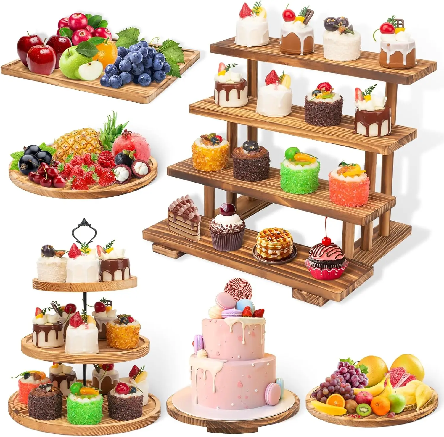 

6 Pcs Cupcake Stands Dessert Table Display Set, Wood Cake Stand Rustic 3 Tier Wooden Dessert Stands Cookies Dessert Display