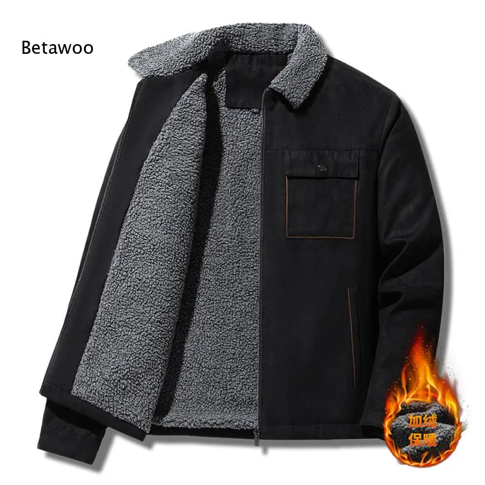 Mens Winter Warm Fleece Lined Jacket Lapel Collar Zip Front Long Sleeve Solid Coat With Multi Pockets For Daily Casual Occasion