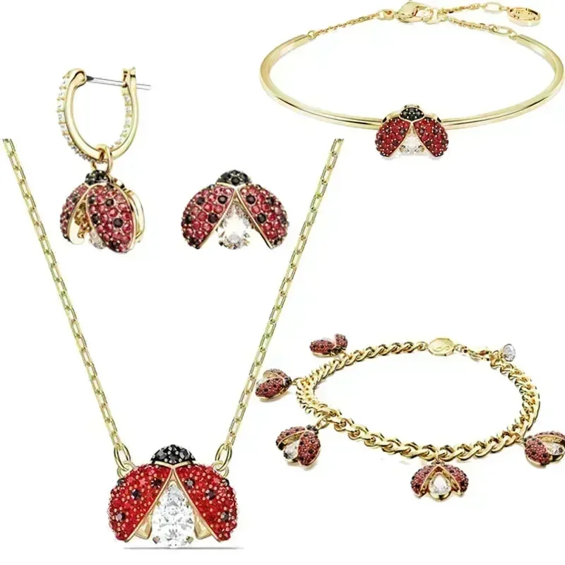 2026 Classic Fashion Perfect Crystal Inlay Craft Jewelry for Women Ladybug Bracelet Earrings Ring Chili Necklace Jewelry Set
