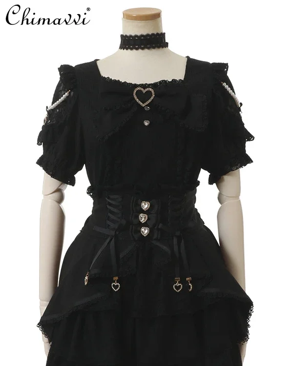 Japanese Liz Mine Series Mass-Produced Sweet Big Bow Neck Band Bottoming Shirt Autumn Girly Short Sleeve Pullover Lolita Top
