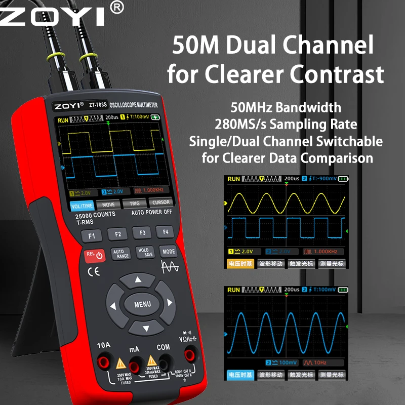 ZOYI ZT-703S 3-in-1 Oscilloscope Multimeter with 3.5 Inch IPS Display,25000 Counts, Dual Channel 50MHZ Bandwidth,280MSa/s High