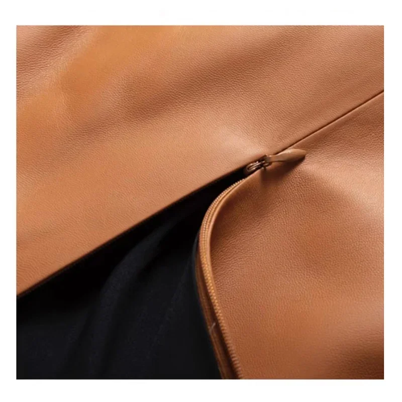 Fashion New Genuine Leather Office Lady for Women Sheepskin Elastic Waist Wrap Long Faldas Mujer Mid Length Front Slit Pocket