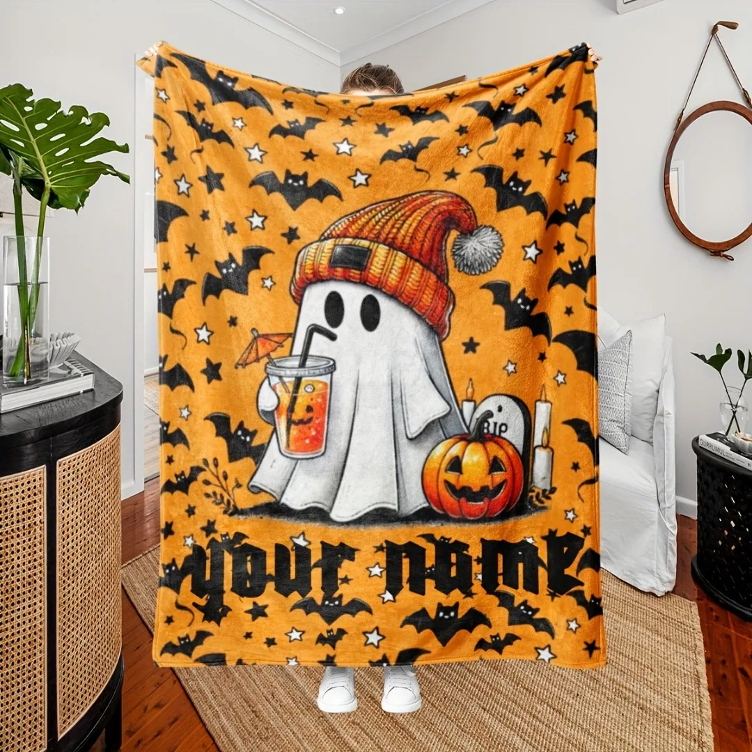 

1pc Orenge Halloween Blanket Cute Ghost Pumpkin Printed Skin-Friendly Soft Blanket 2025 New for Home Sofa Halloween Decoration
