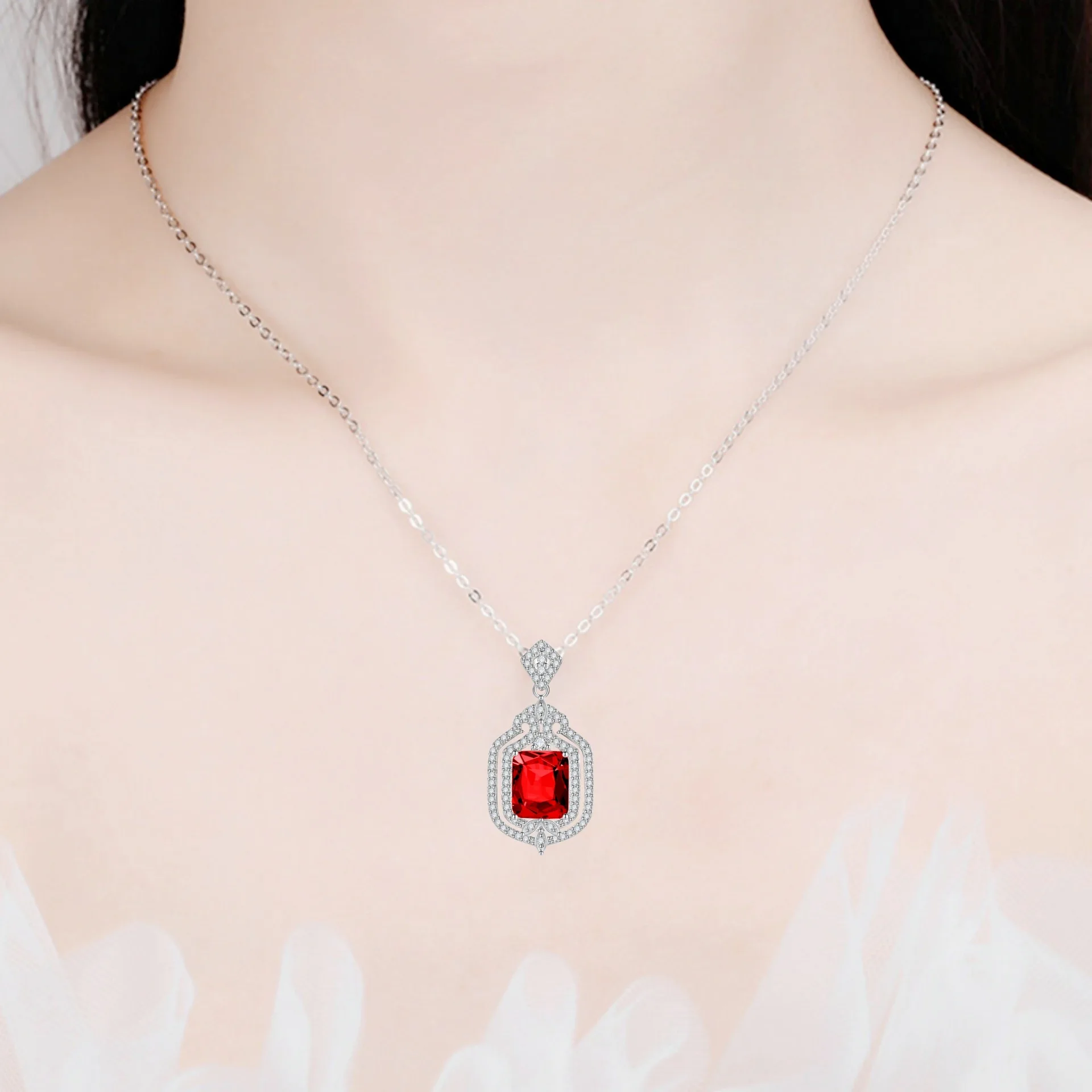 Chinese Style Rectangular Colored Zircon Pendant Necklace Women Red Dark Blue Green Gem Jewelry Pendant Only Or Chain Set Gift