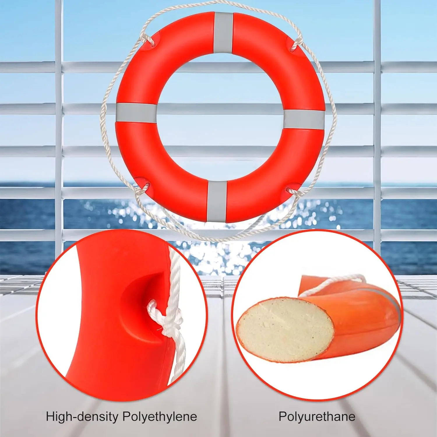 Water Rescue Throw Ring Life Buoy with Floating Lifesaving Rope and Reflective Tape, Orange, 14