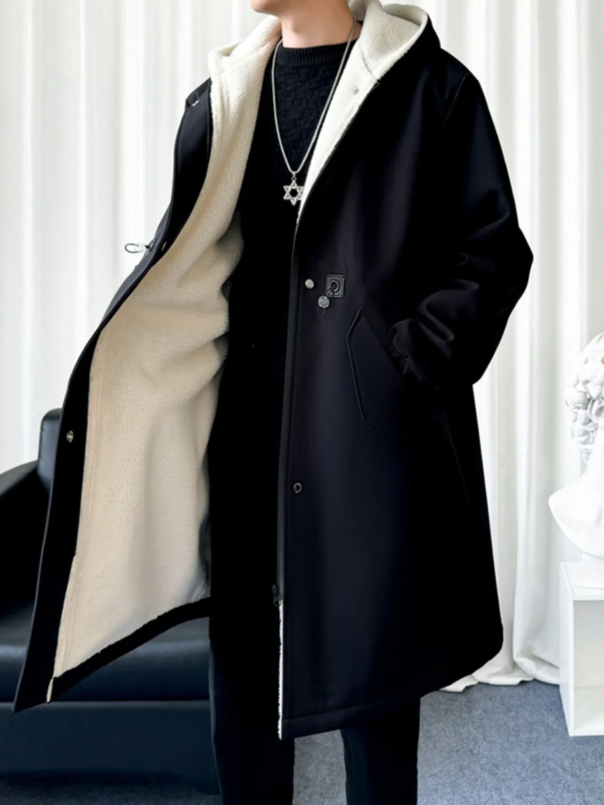 

Lamb Velvet Men's Jaet Autumn Winter Mid-Length Thiened Casual Sle Warm Cotton Coat with Fce American Casual