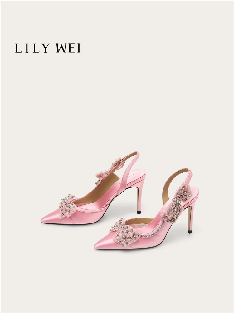 Spring/Summer New Pointed Silk Water Diamond Bow Flat Shoes Banquet Large Size Small Size Widening High Heel Women's Sandals
