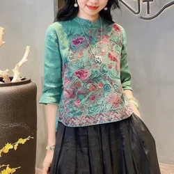 2024 Spring Summer New Chinese Style Vintage Round Neck Button Embroidered Loose Asymmetrical 3/4 Sleeve 3/4 Sleeve Women's Tops