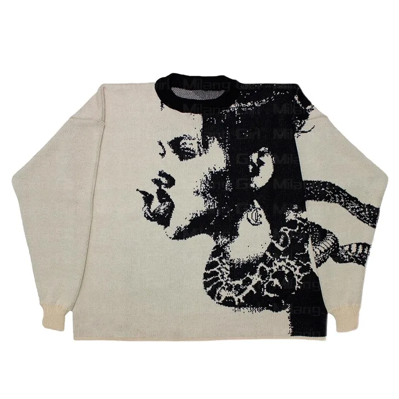 Men Knitted Streetwear Sweater Gothic portrait Snake Pullover Autumn Unisex Harajuku Cotton sweater Women Oversized Sweater Tops