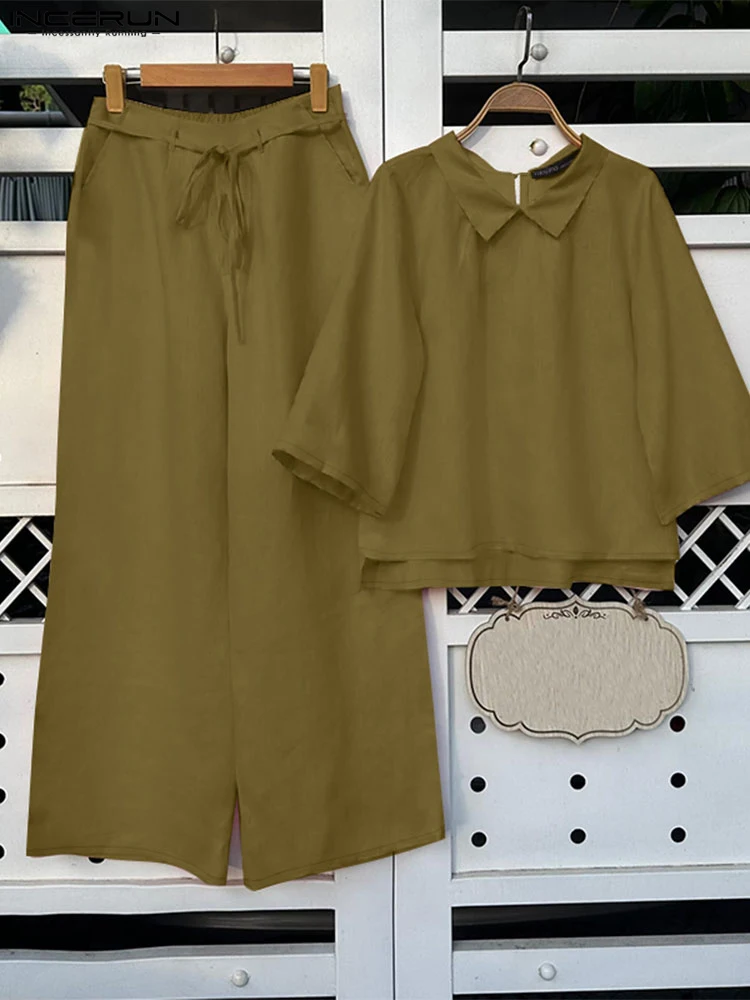 

ZANZEA Holiday Casual Loose Pant Sets Commute 3/4 Sleeve Tops Solid 2025 Summer 2 Piece Sets Wide Leg Pants Woman 2PCS Outfits