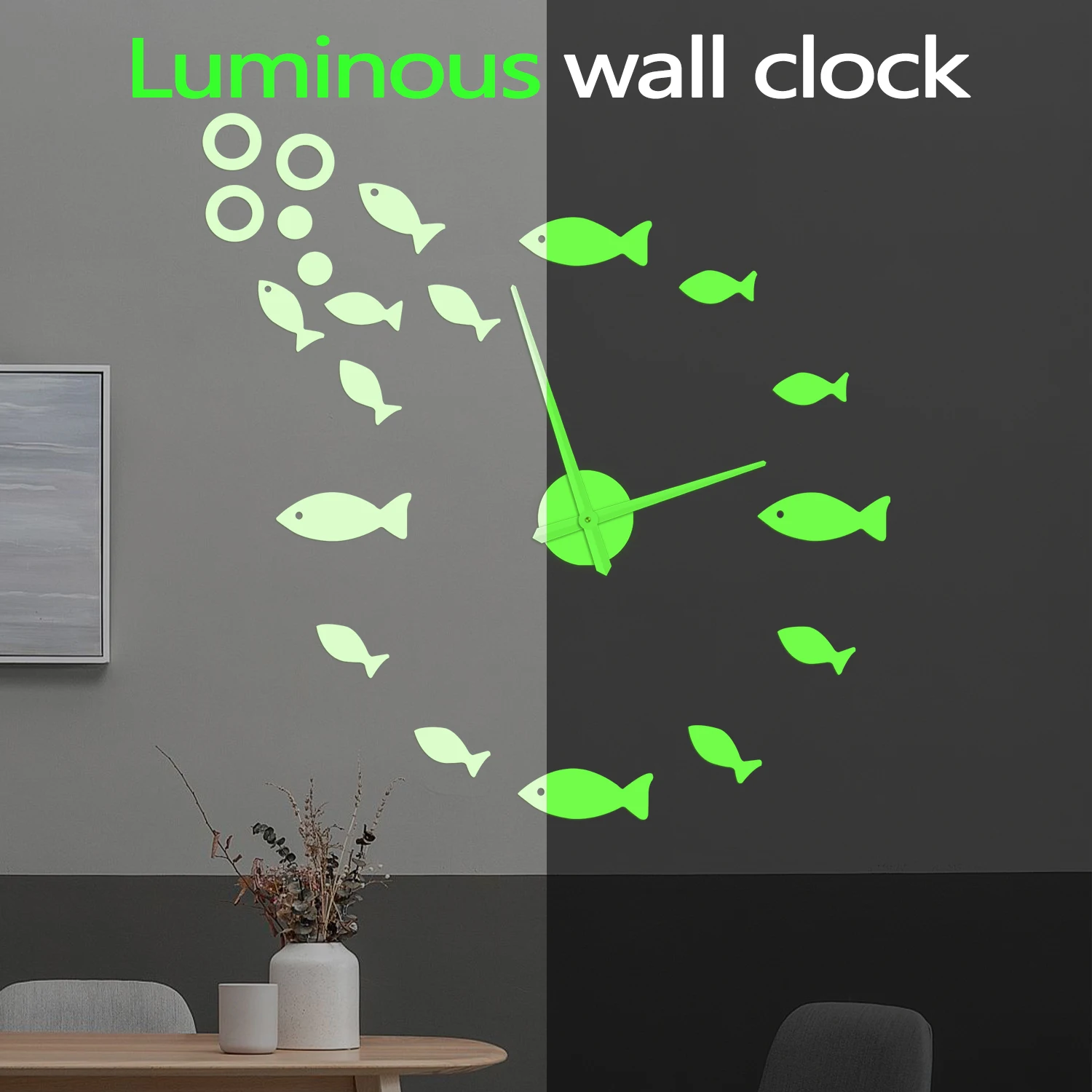 Fish School Ocean DIY Big Wall Clock Glow in Dark for Beach House Seaside Home Marine Life Luminous Night Visible Nautical Clock