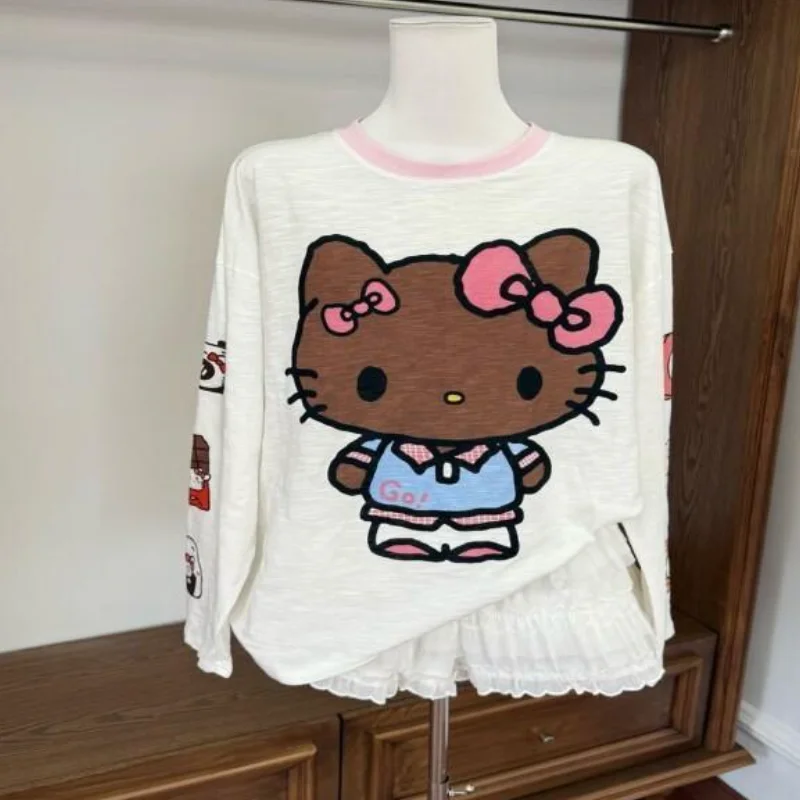 

Новая женская футболка с длинными рукавами Sanrio Hello Kitty в стиле Y2K, весенне-осенняя модная толстовка с мультяшным принтом, свободный крой, кавайный стиль, для студенток