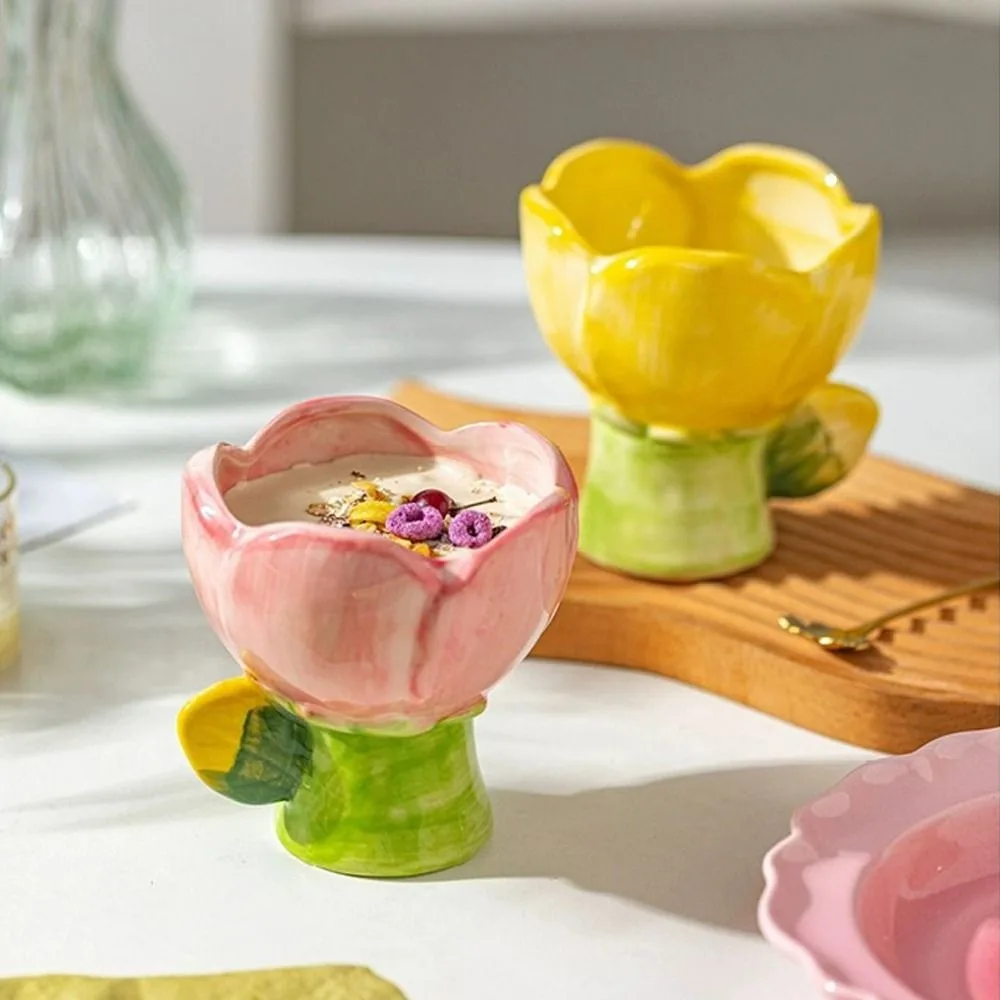 

Nordic Style Tulip Ceramic Coffee Cup Paintings Handmade Ice Cream Dessert Bowl Household Scented Candle Container Home Office