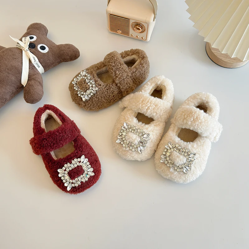 Winter Crystal Baby Girls Flats Shoes Plush Warm Children Princess Shoes Shallow Hook Loop Non Slip Toddler Kids Fashion Shoes
