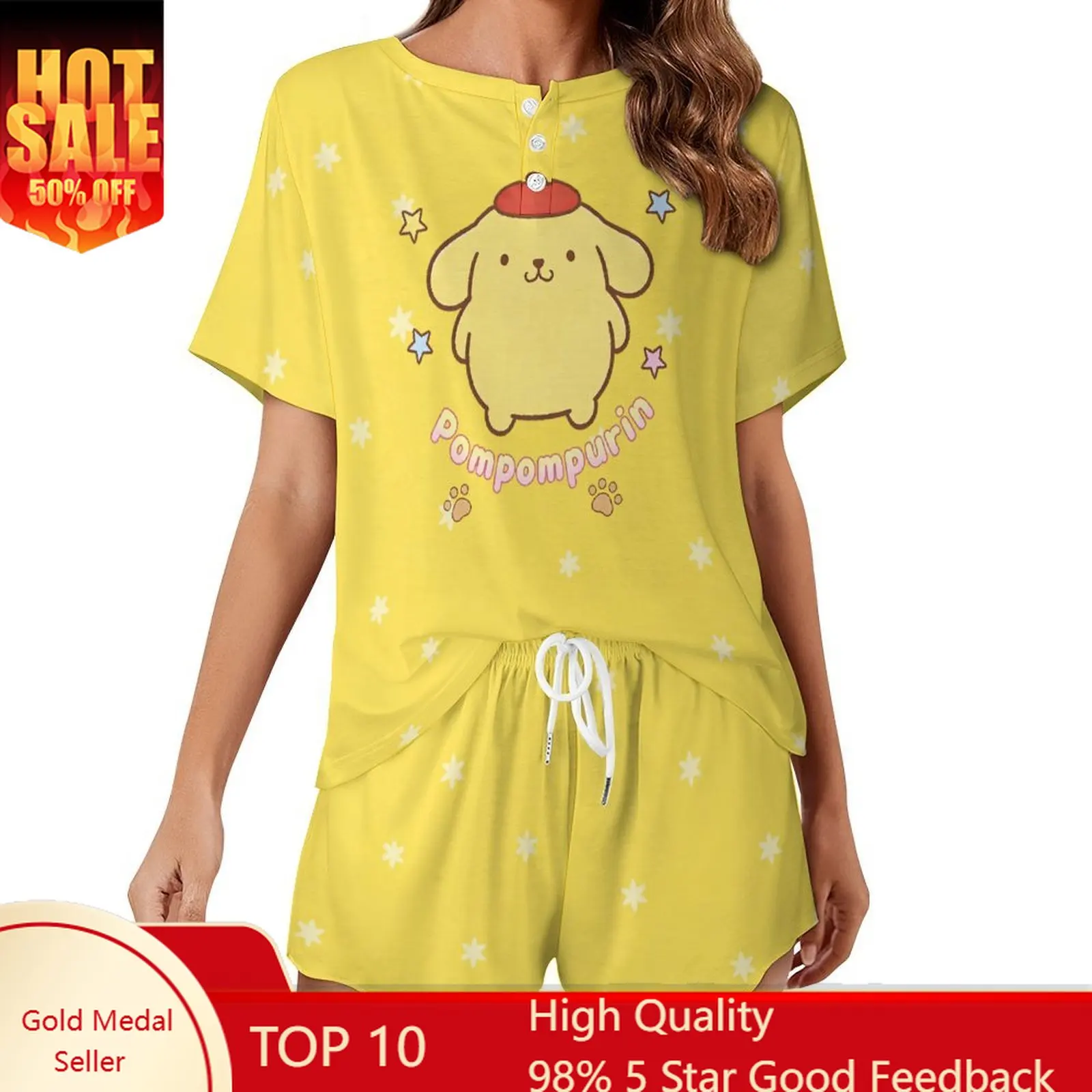 

Pompompurin Loungewear Womens Homewear Sanrio Cartoon Pyjamas Cute Cat Soft Nightwear Suit Short Sleeved Top and Shorts