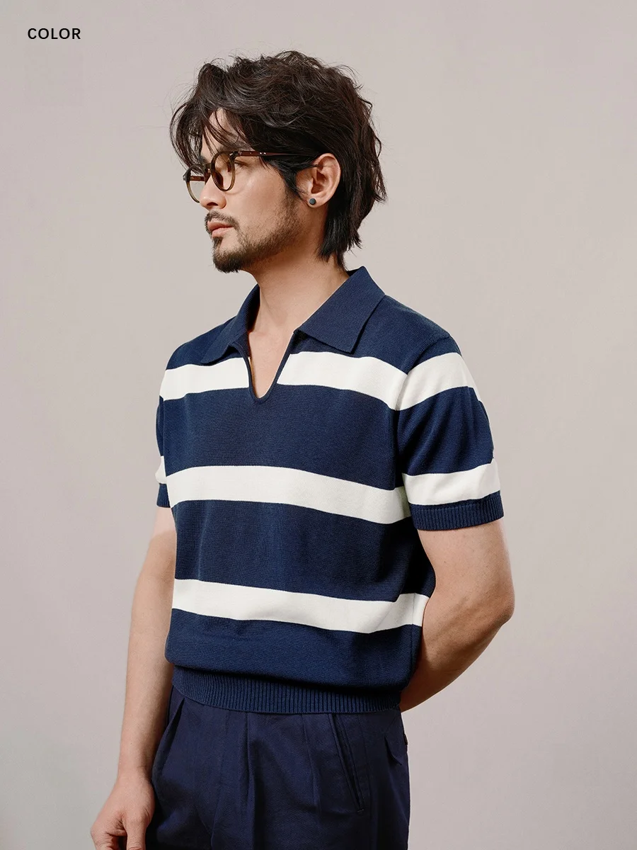 

CULTUM Ivy League Long Staple Cotton Silk Knitted ort Sve irt No Button Slim Fit Striped Busin Casual Top