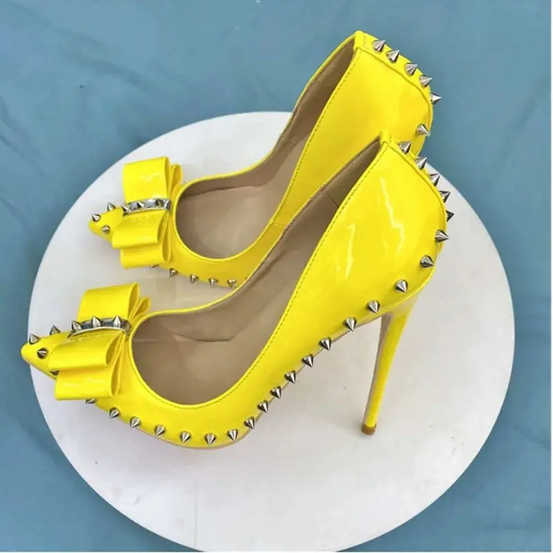 

Sexy Yellow Rivets Butterfly High Heel Pumps Pointy Spikes Studded Slip On Women Stiletto High Heels Banquet Shoes