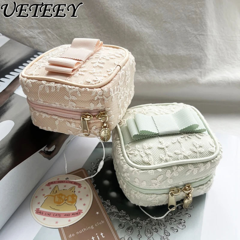 Versatile Sweet Lace Jacquard Exquisite Square Jewelry Bag Cute Girl Zipper Portable Travel Cosmetic Storage Bags Makeup Box