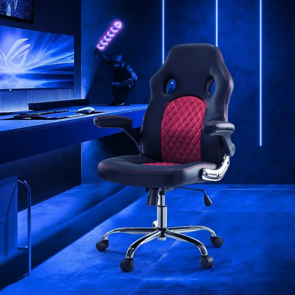 

Gaming Ergonomic Desk Flip Armrests and Lumbar Support PU Leather Adult Executive Middle Back Computer Chair, Red