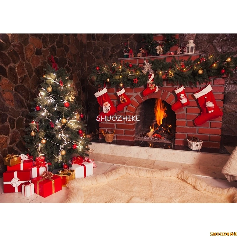 SHUOZHIKE Christmas Theme Photography Background Fireplace Christmas tree Backdrops For Photo Studio Props  211110 HS-07