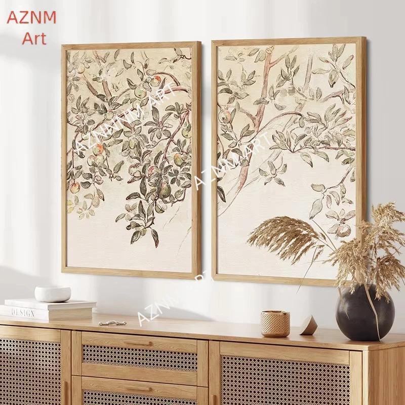 Póster con dibujo de rama de manzano vintage, pintura en lienzo, cuadro artístico para pared, decoración rústica para el hogar