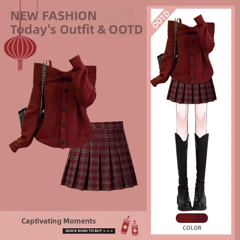 

Large Size Autumn Winter College Sle Set Women's Red Cisas Knitted Sweater irt Slimming Plaid Skirt Two Piece Set