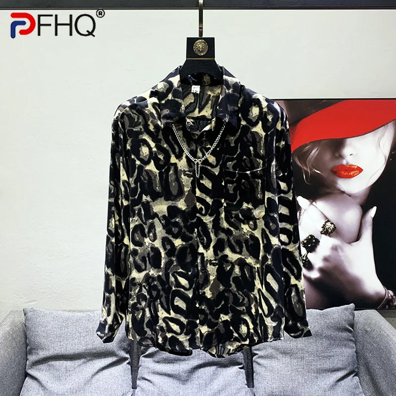 PFHQ 2023 Summer New Fashion Leopard Print Shirts For Men Turn-down Collar Long Sleeve Loose Men\'s Blouse Clothing Tide 21F3490