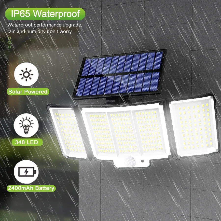 Solar Light Outdoor 348 LED Integrated Super Bright Motion Sensor Strong Power IP65 Waterproof 3 Working Modes Garden Wall