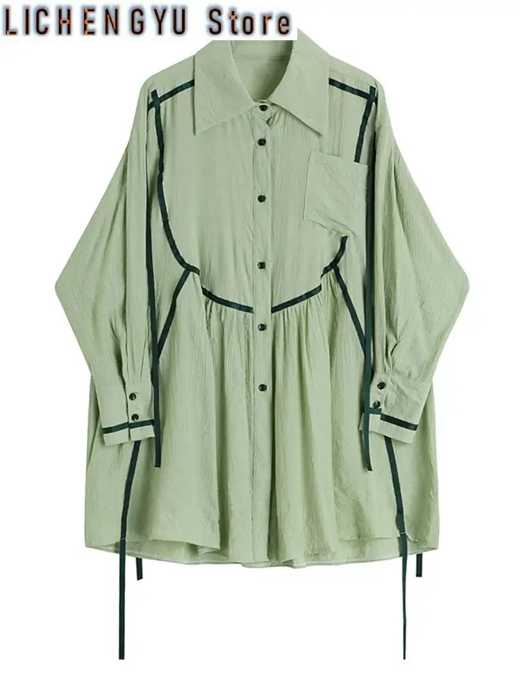 

Women Green Color-block Pleated Ribbons Big Size Shirt Dress New Lapel Long Sleeve Fashion Tide Spring Autumn