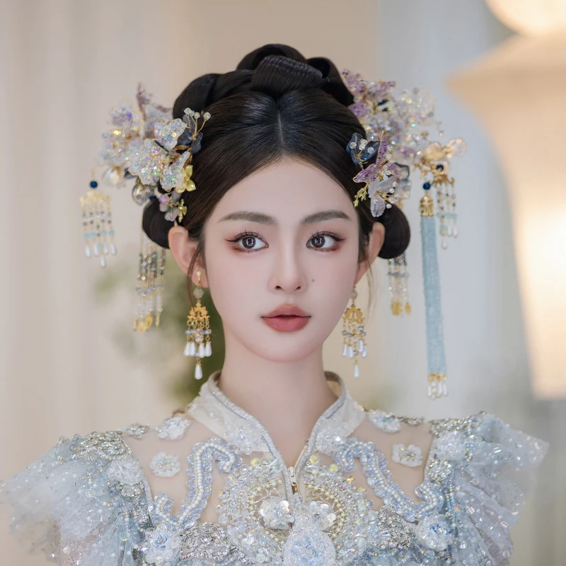 

Bridal Headdress Chinese Light Color Age-reducing Ancient Style Floral Liquid Beads Tassels Blue Classical Xiuhe Headpiece