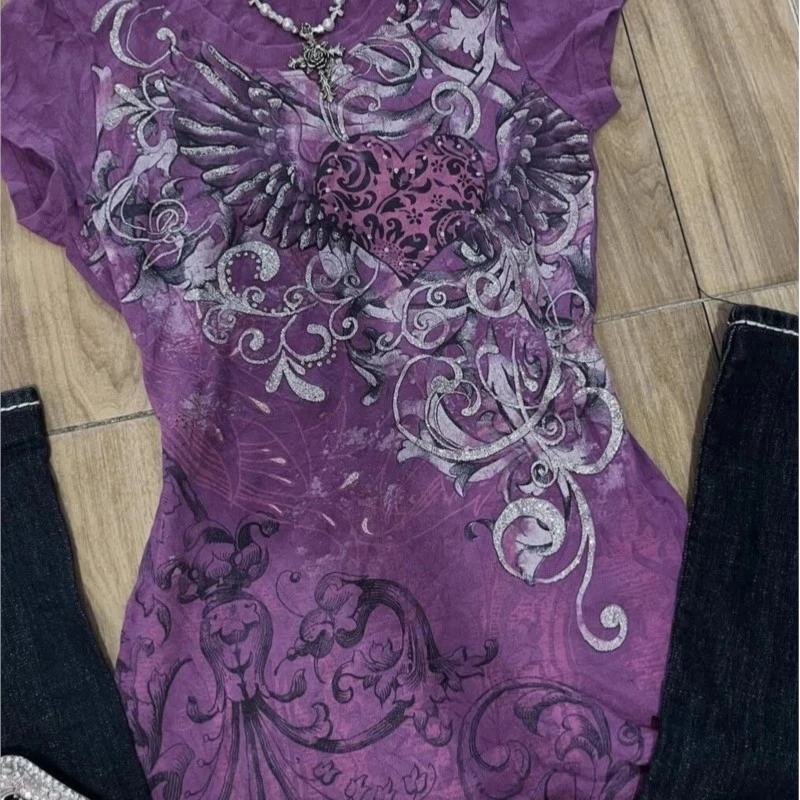 하이 스트리트 펑크 여성 티셔츠 퍼플 힙합 서브컬쳐 여름 옷 빈티지 90년대 여성 고딕 패션 티셔츠 Y2k 크롭탑