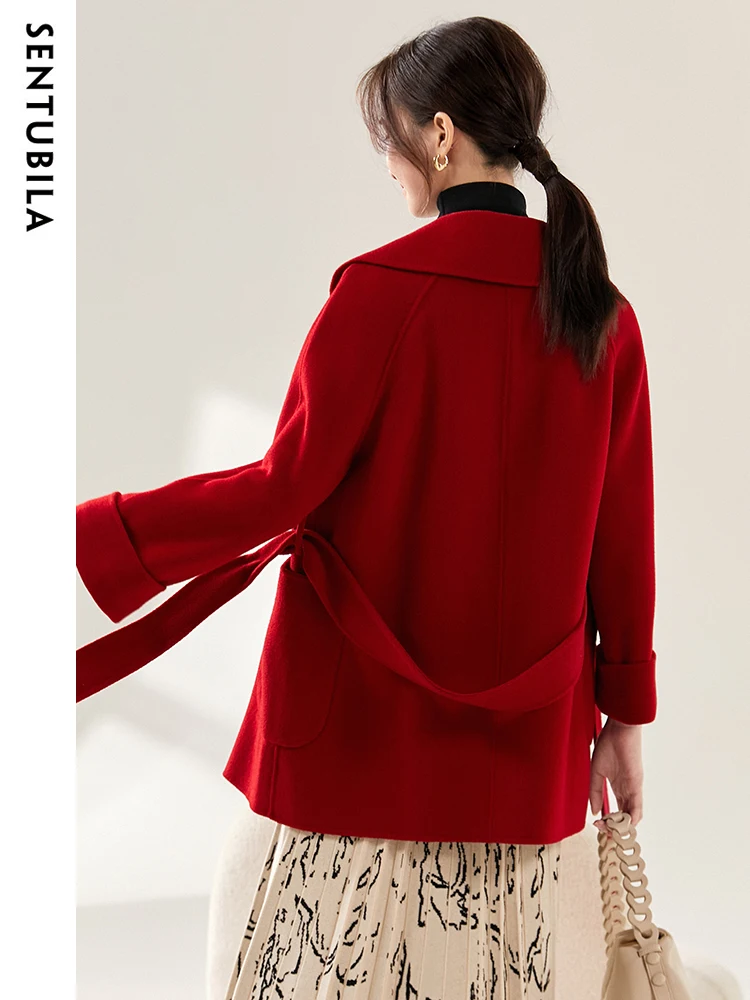 SENTUBILA ผู้หญิงเสื้อขนสัตว์ฤดูหนาว Elegant Turn-Down COLLAR Double-Faced เปิด Overcoat เสื้อเดินทางสําหรับผู้หญิง W24O42199